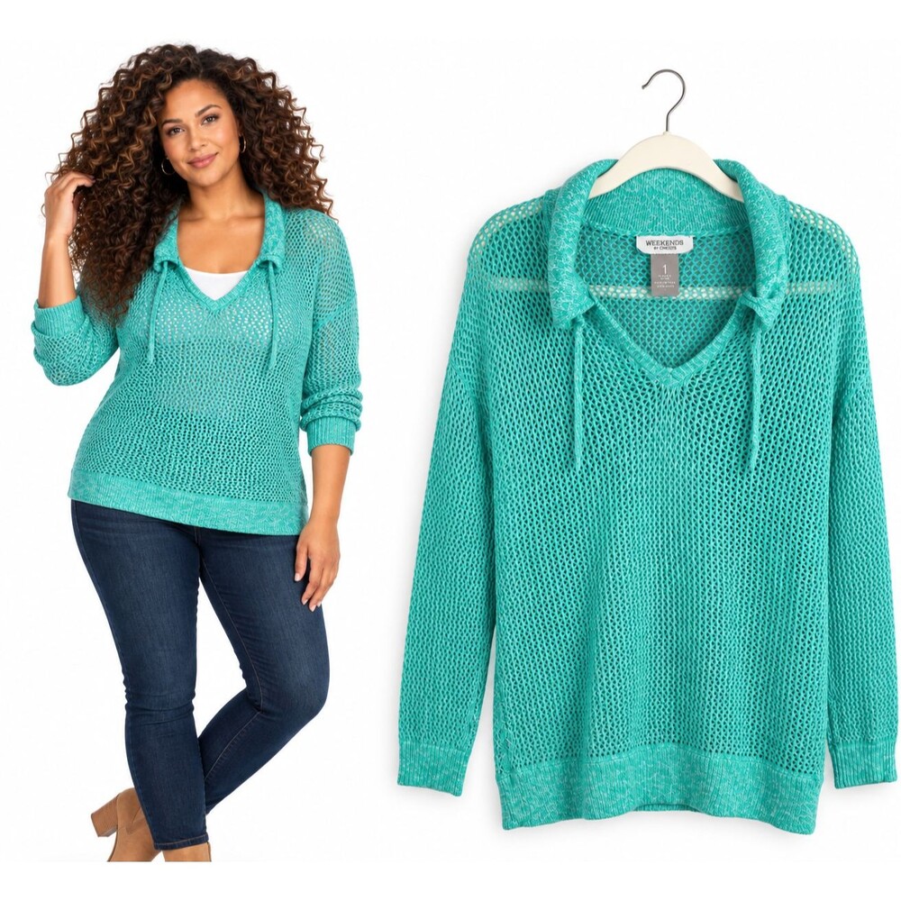 Weekends by Chicos Cowl Neck Cotton Pullover Sweater Size Medium Turquoise